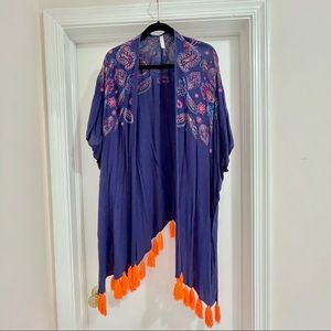 Navy Blue w/ Orange Tassels Beach Coverup Kimono